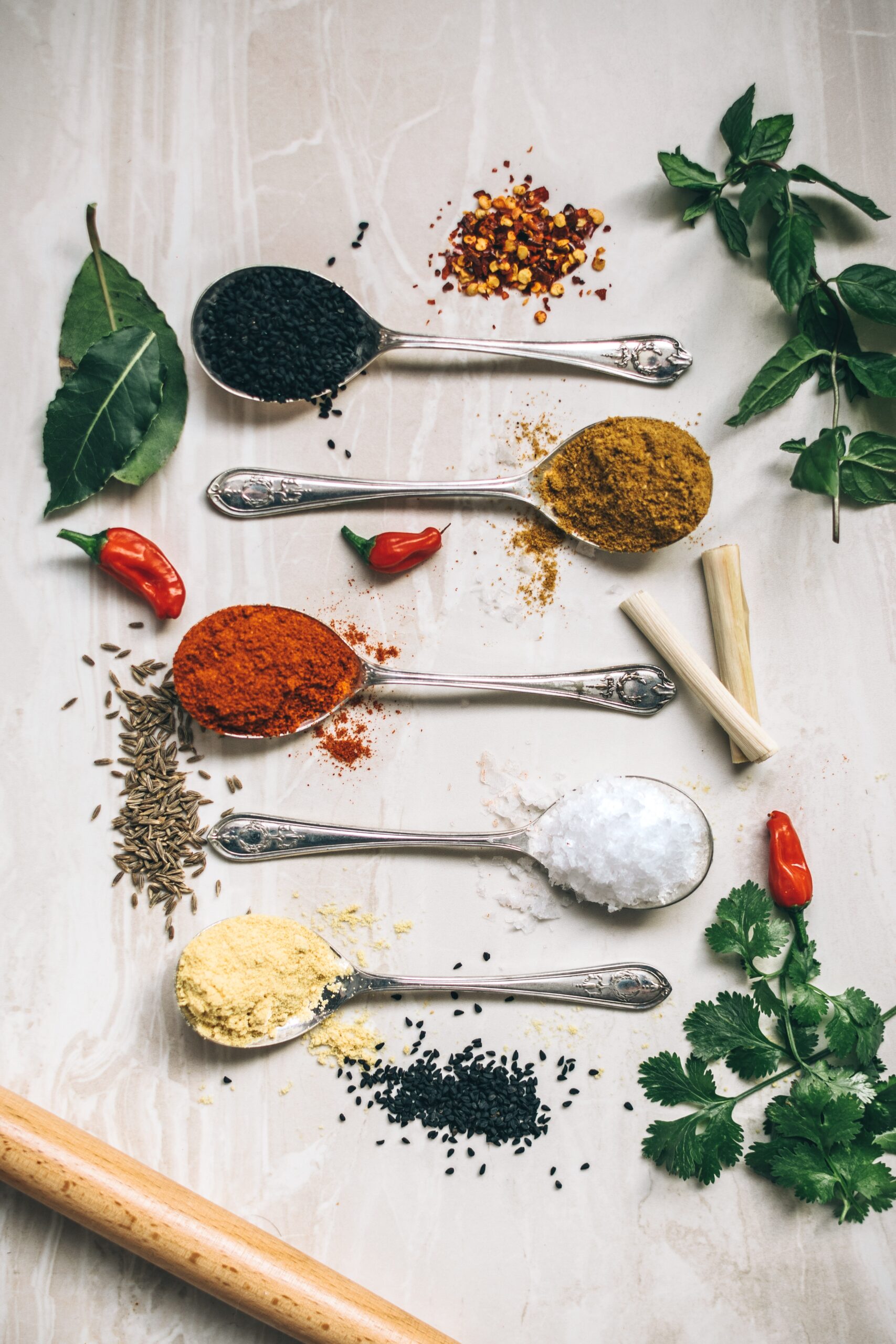 Spoons and colorful spices on the table